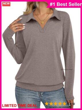 Long Sleeve V Neck Polo Shirt Banded Bottom Business Casual Top